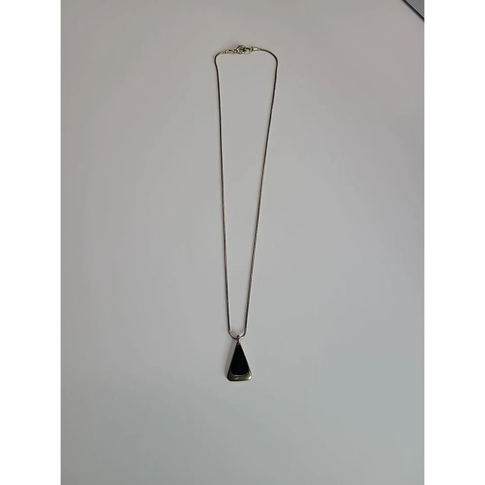 Vintage Gold Tone Black Enamel Geometric Pendant Necklace Snake Chain Minimalist